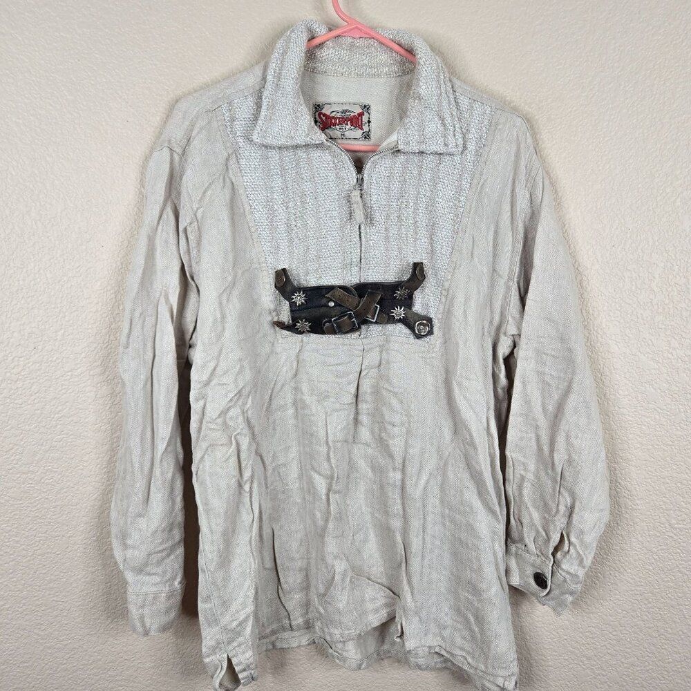 Vintage Stockerpoint Mens M Beige Trachten German Shirt Leather Accent Edelweiss